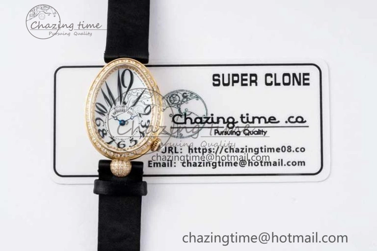 Reine de Naples YG ZF 1:1 Best Edition White Arabic Dial Diamonds Bezel on Black Fabric Strap A537 V2