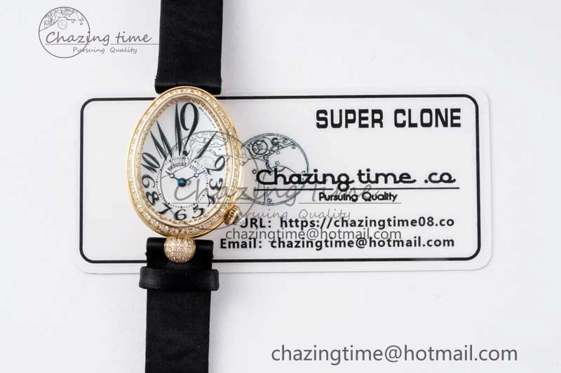 Reine de Naples YG ZF 1:1 Best Edition White Arabic Dial Diamonds Bezel on Black Fabric Strap A537 V2