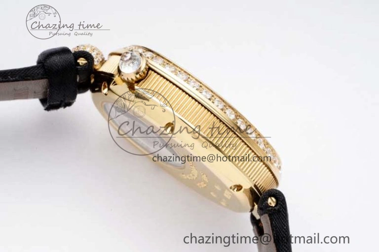 Reine de Naples YG ZF 1:1 Best Edition White Roman Dial Diamonds Bezel on Black Fabric Strap A537 V2