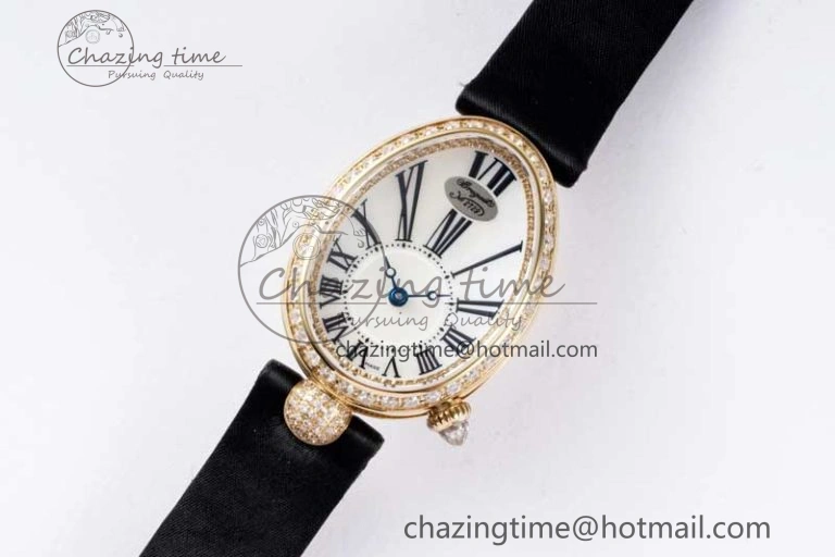 Reine de Naples YG ZF 1:1 Best Edition White Roman Dial Diamonds Bezel on Black Fabric Strap A537 V2