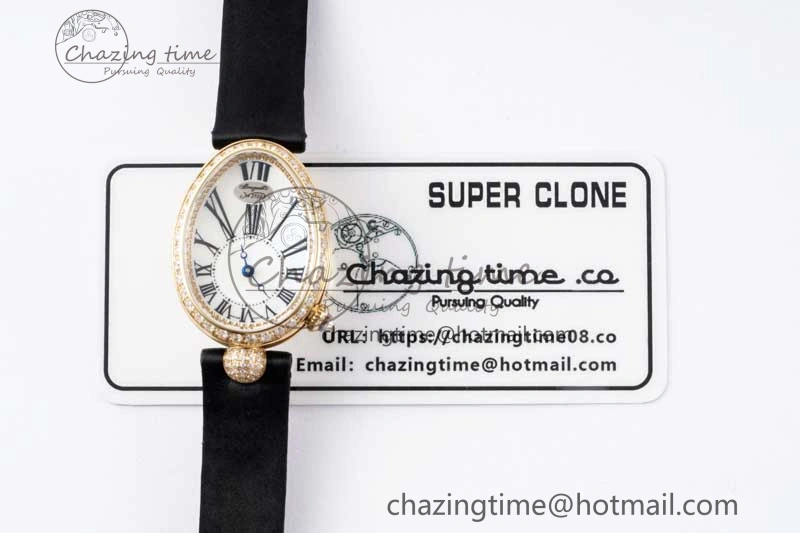 Reine de Naples YG ZF 1:1 Best Edition White Roman Dial Diamonds Bezel on Black Fabric Strap A537 V2