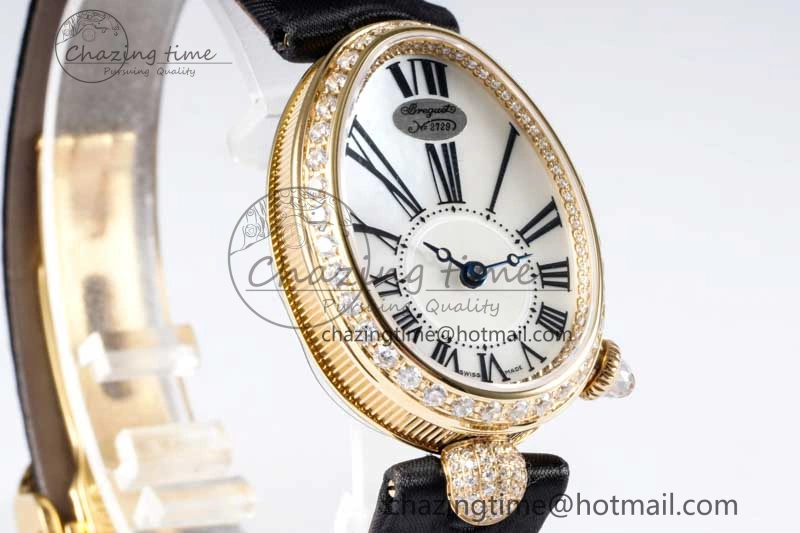 Reine de Naples YG ZF 1:1 Best Edition White Roman Dial Diamonds Bezel on Black Fabric Strap A537 V2