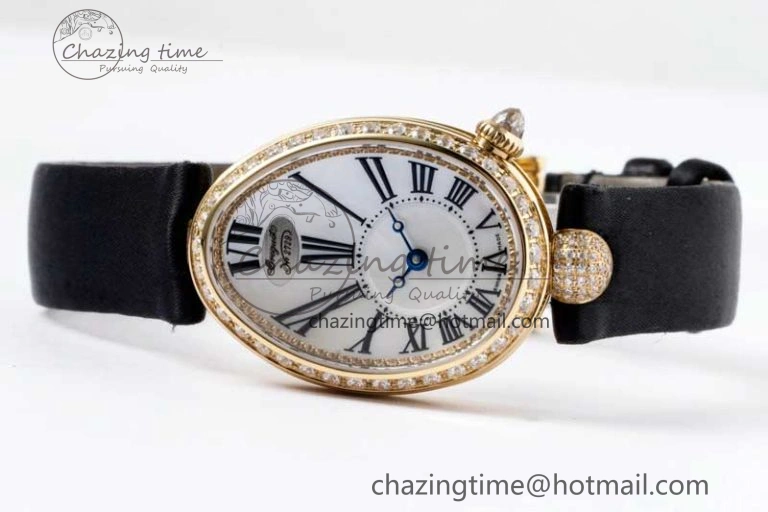 Reine de Naples YG ZF 1:1 Best Edition White Roman Dial Diamonds Bezel on Black Fabric Strap A537 V2