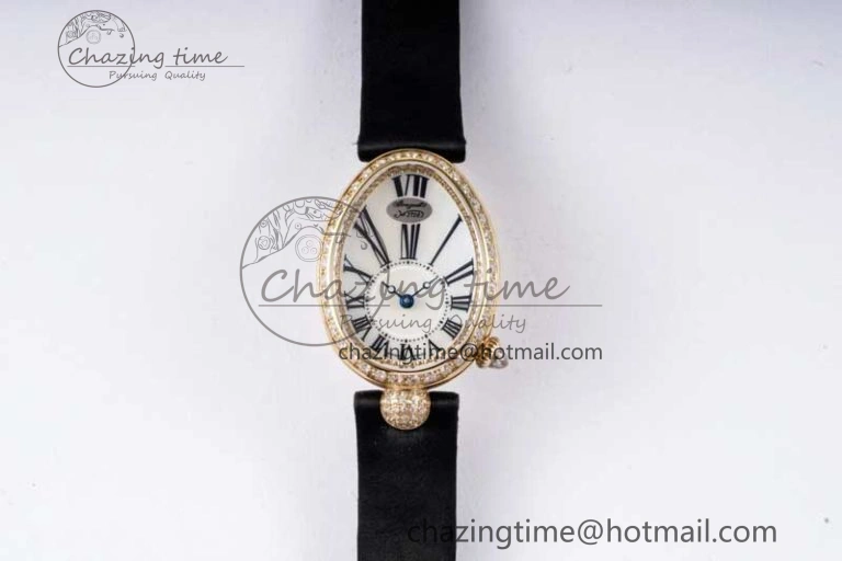 Reine de Naples YG ZF 1:1 Best Edition White Roman Dial Diamonds Bezel on Black Fabric Strap A537 V2