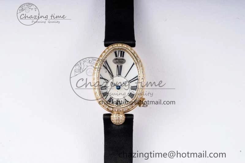 Reine de Naples YG ZF 1:1 Best Edition White Roman Dial Diamonds Bezel on Black Fabric Strap A537 V2