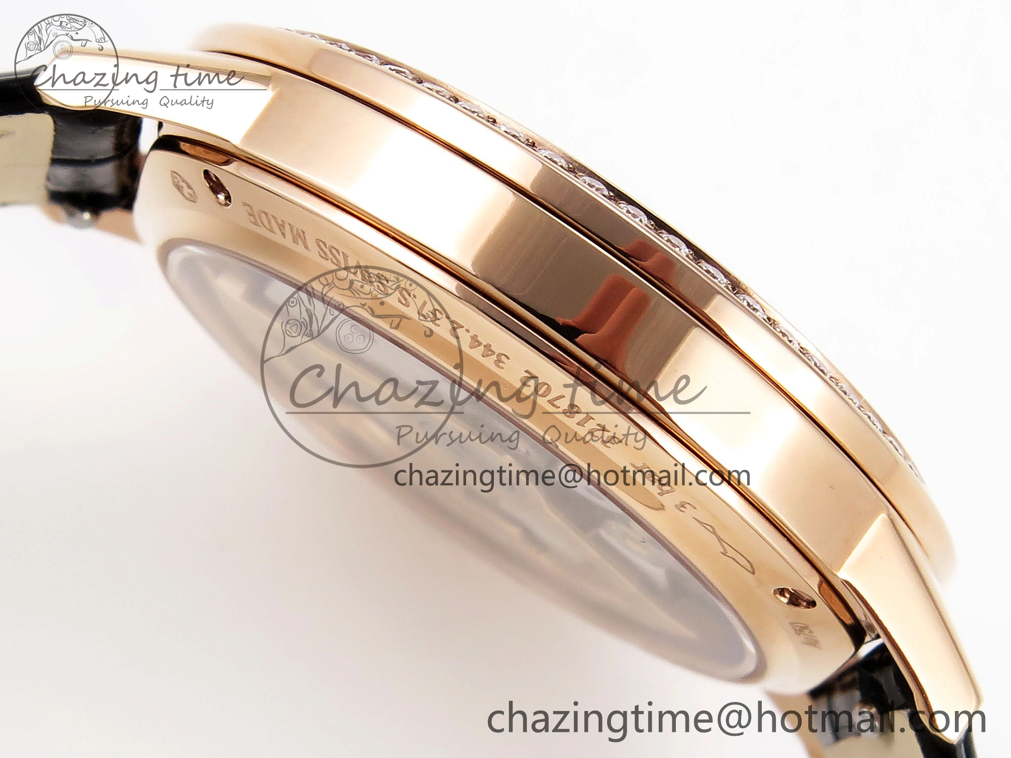 Rendez-Vous Night & Day RG APSF 1:1 Best Edition White Textured Dial Diamonds Bezel on Black Leather Strap A898
