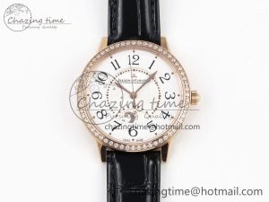 Rendez-Vous Night & Day RG APSF 1:1 Best Edition White Textured Dial Diamonds Bezel on Black Leather Strap A898