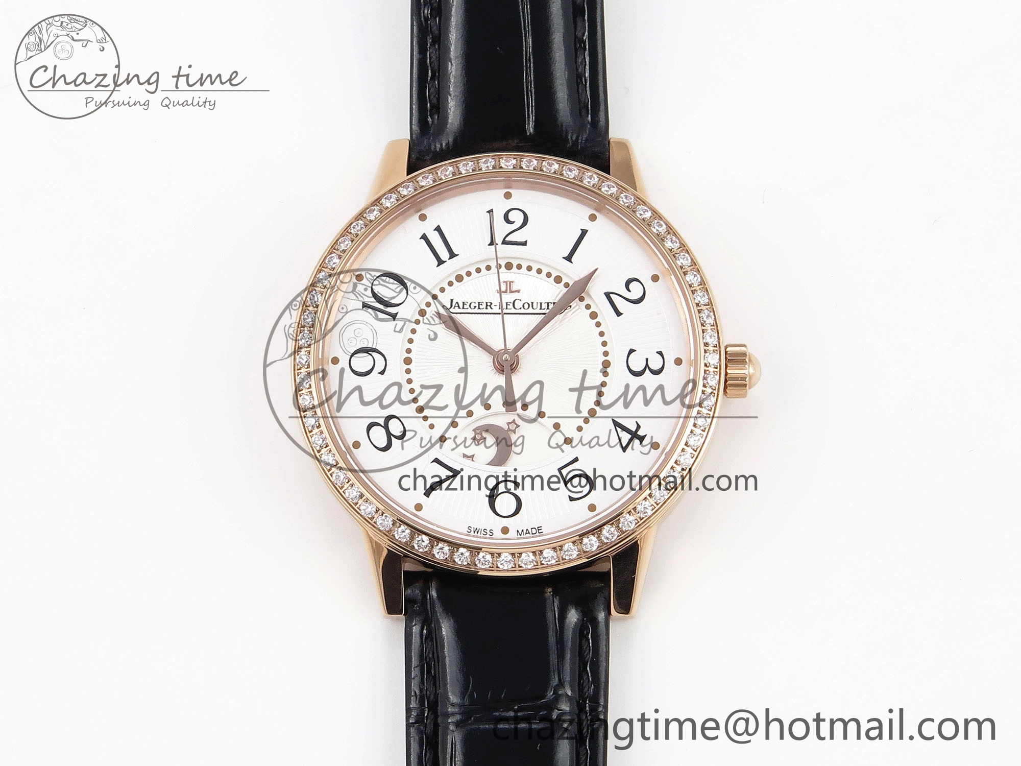 Rendez-Vous Night & Day RG APSF 1:1 Best Edition White Textured Dial Diamonds Bezel on Black Leather Strap A898