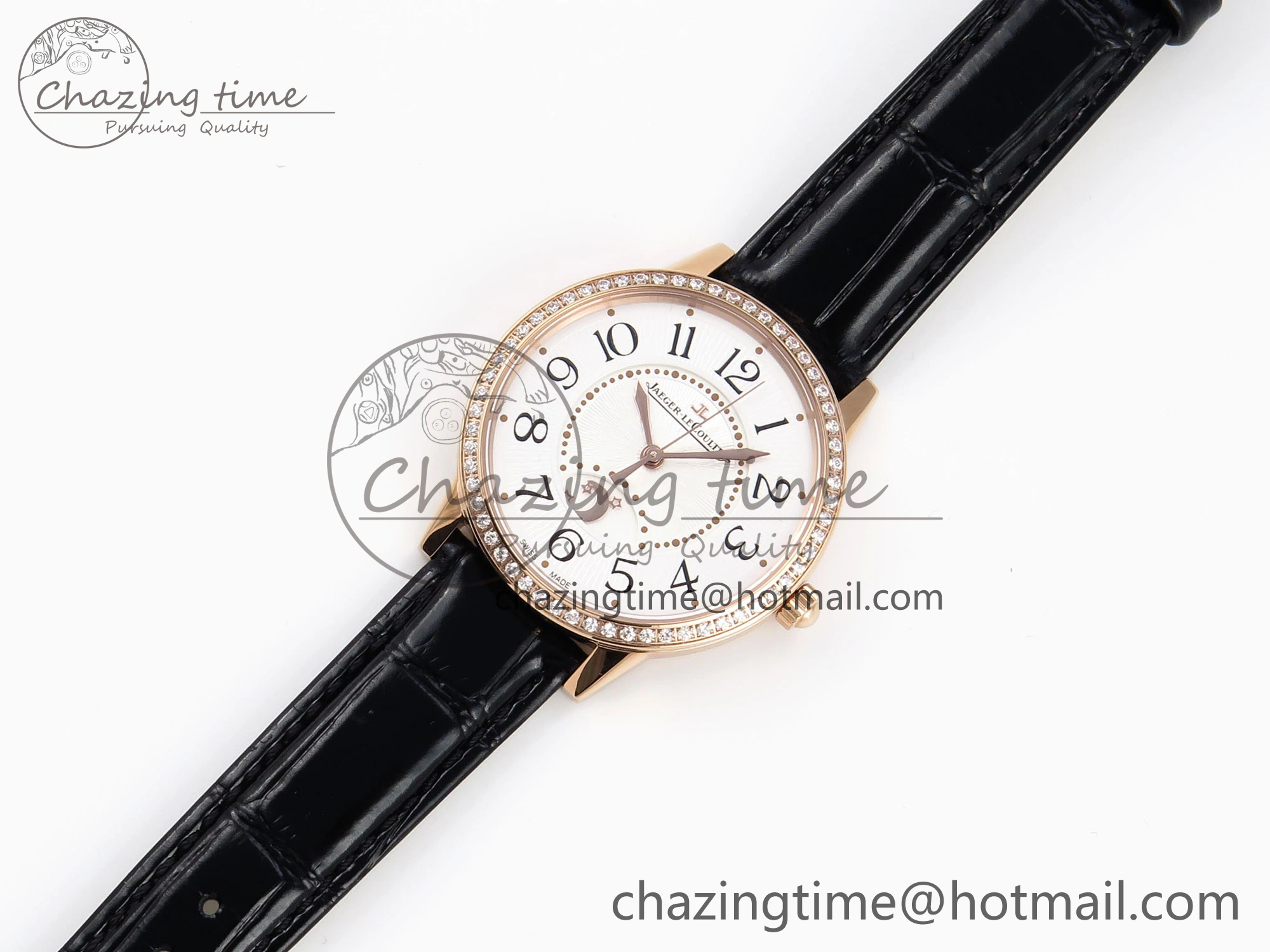 Rendez-Vous Night & Day RG APSF 1:1 Best Edition White Textured Dial Diamonds Bezel on Black Leather Strap A898