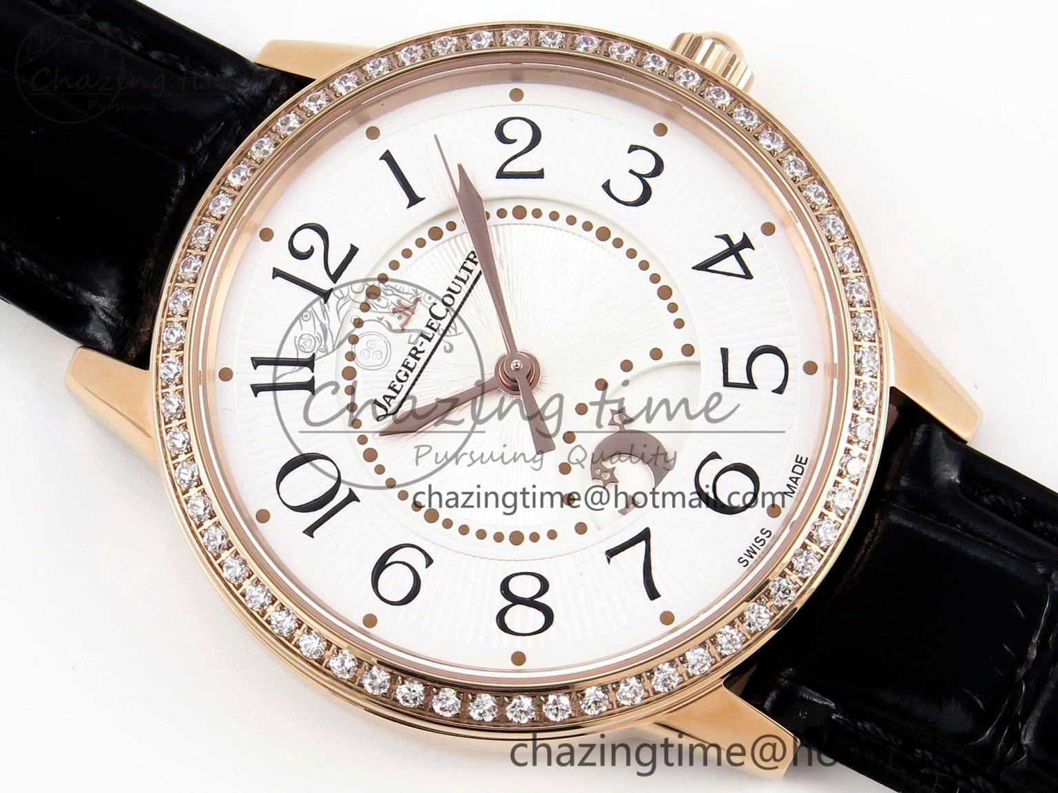 Rendez-Vous Night & Day RG APSF 1:1 Best Edition White Textured Dial Diamonds Bezel on Black Leather Strap A898