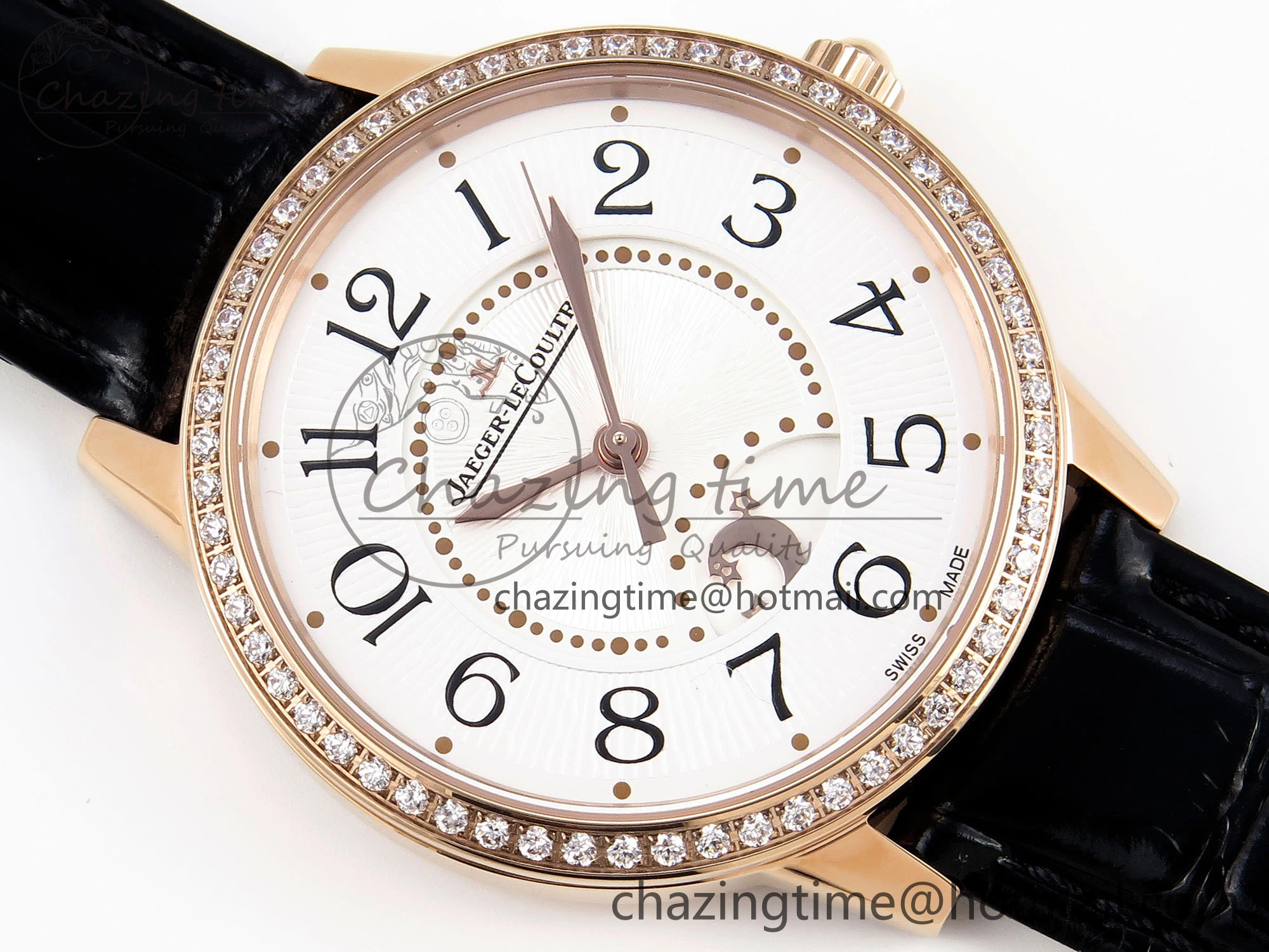 Rendez-Vous Night & Day RG APSF 1:1 Best Edition White Textured Dial Diamonds Bezel on Black Leather Strap A898