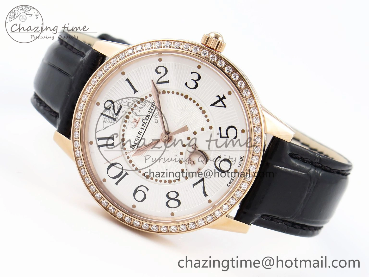 Rendez-Vous Night & Day RG APSF 1:1 Best Edition White Textured Dial Diamonds Bezel on Black Leather Strap A898