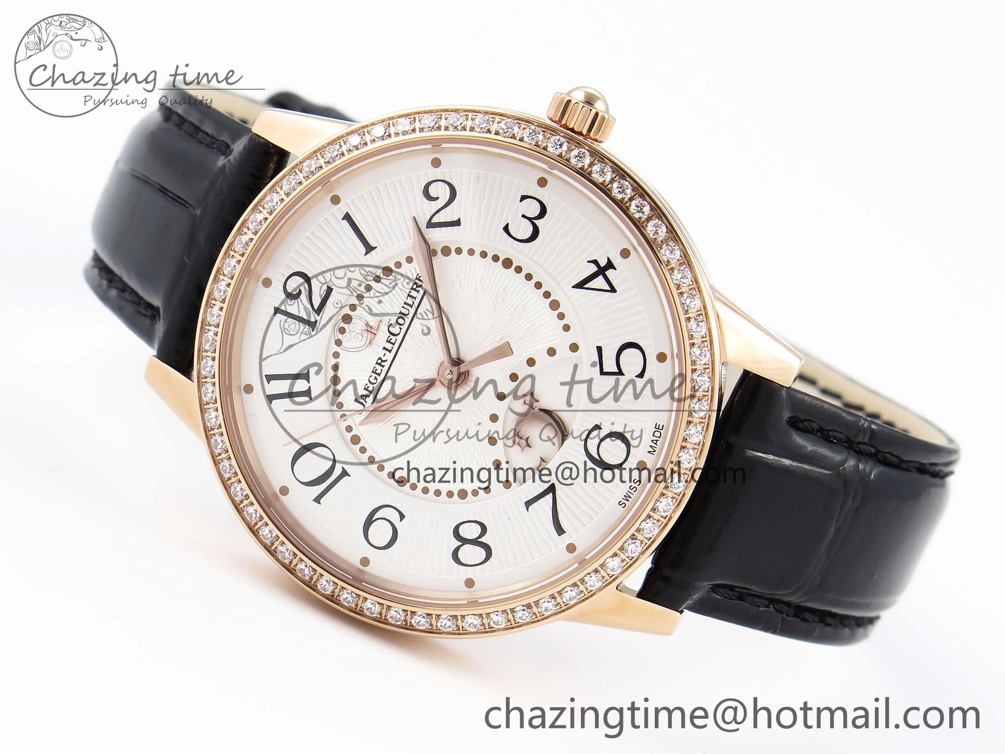 Rendez-Vous Night & Day RG APSF 1:1 Best Edition White Textured Dial Diamonds Bezel on Black Leather Strap A898
