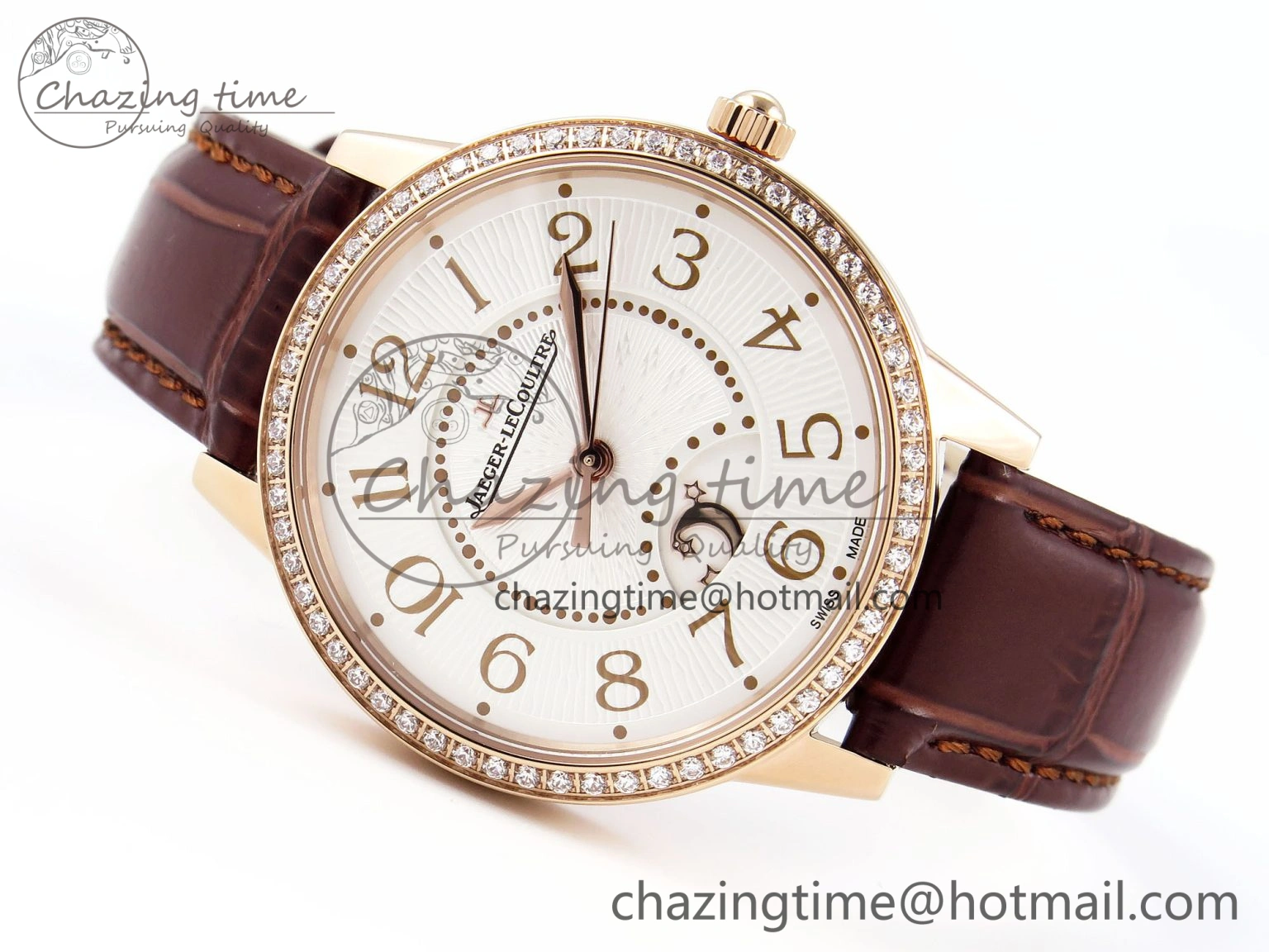 Rendez-Vous Night & Day RG APSF 1:1 Best Edition White Textured Dial Diamonds Bezel on Brown Leather Strap A898