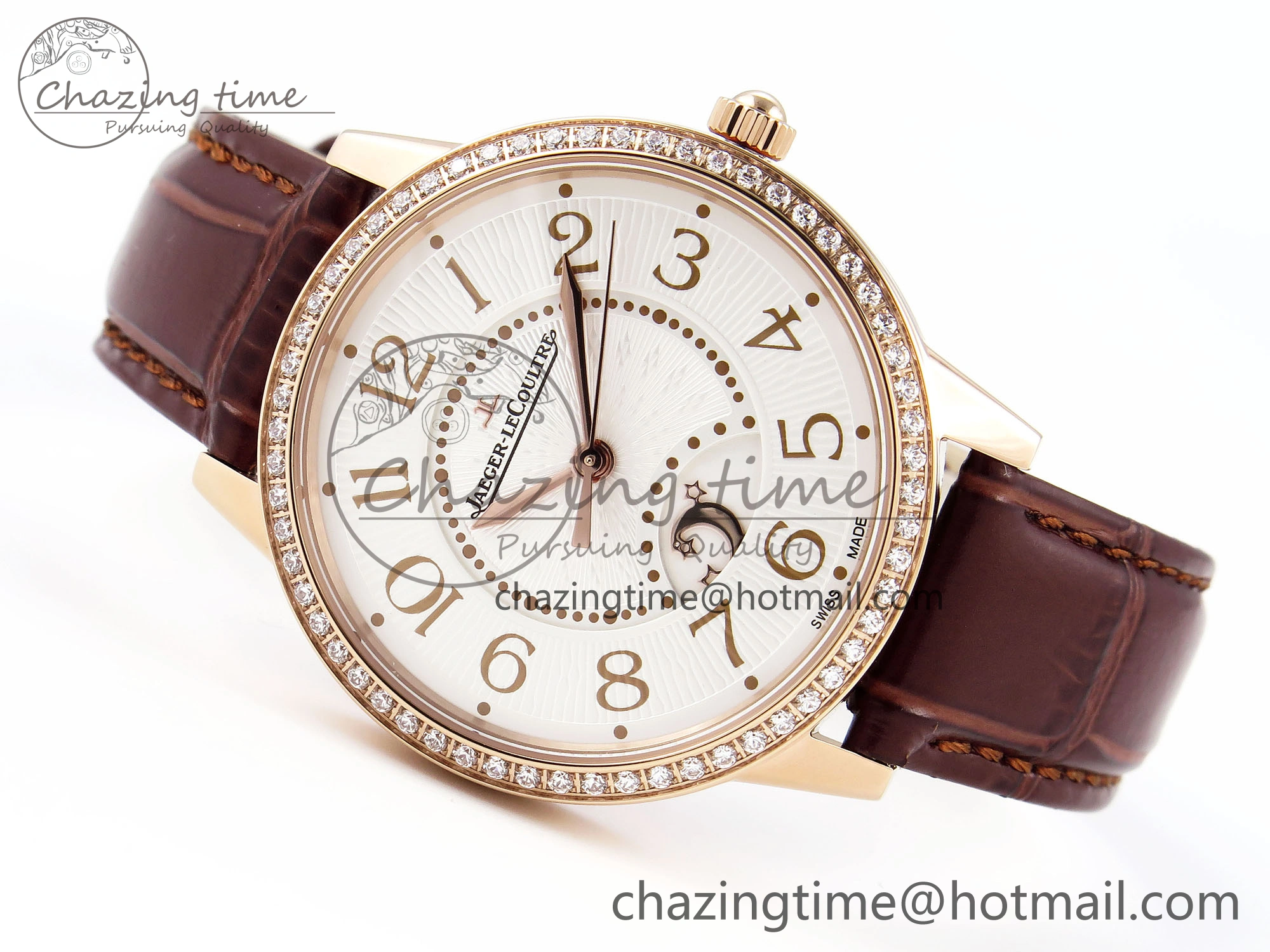 Rendez-Vous Night & Day RG APSF 1:1 Best Edition White Textured Dial Diamonds Bezel on Brown Leather Strap A898