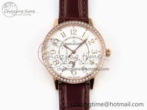 Rendez-Vous Night & Day RG APSF 1:1 Best Edition White Textured Dial Diamonds Bezel on Brown Leather Strap A898