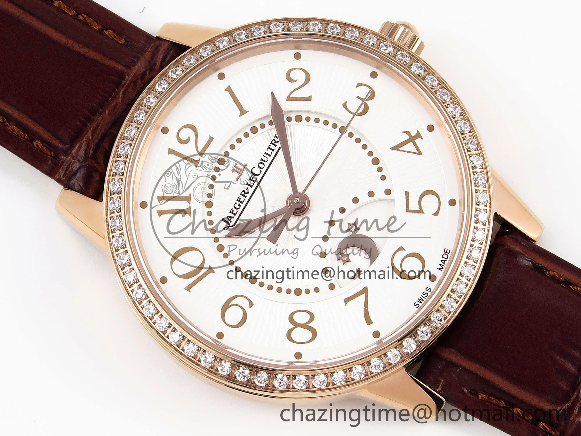 Rendez-Vous Night & Day RG APSF 1:1 Best Edition White Textured Dial Diamonds Bezel on Brown Leather Strap A898