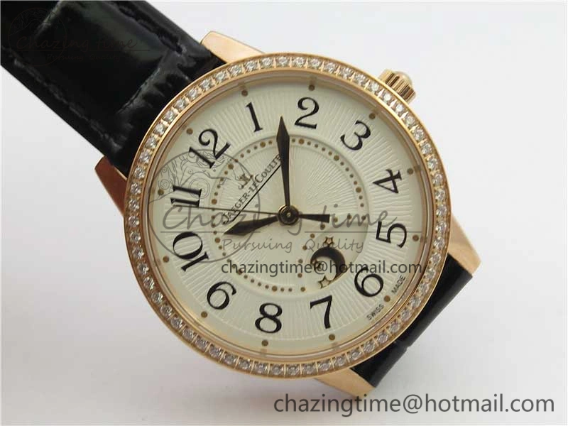 Rendez-Vous Night & Day RG ZF 1:1 Best Edition White Dial Black Markers Diamonds Bezel on Black Leather Strap A898