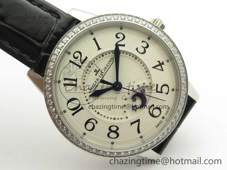 Rendez-Vous Night & Day SS ZF 1:1 Best Edition White Textured Dial Diamonds Bezel on Black Leather Strap A898