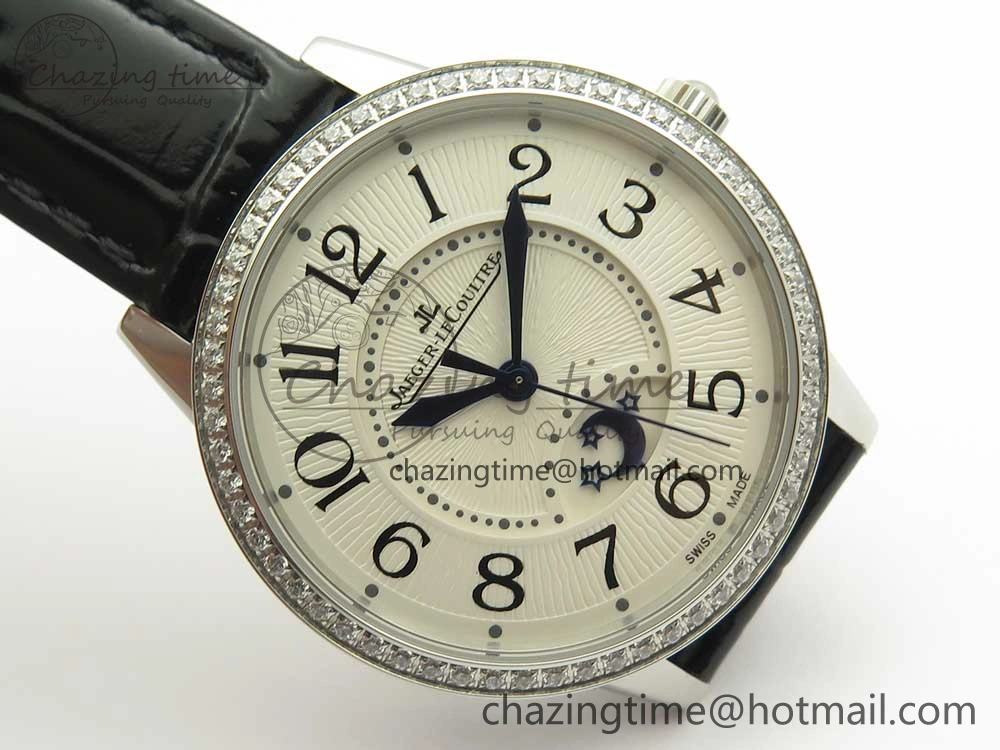 Rendez-Vous Night & Day SS ZF 1:1 Best Edition White Textured Dial Diamonds Bezel on Black Leather Strap A898