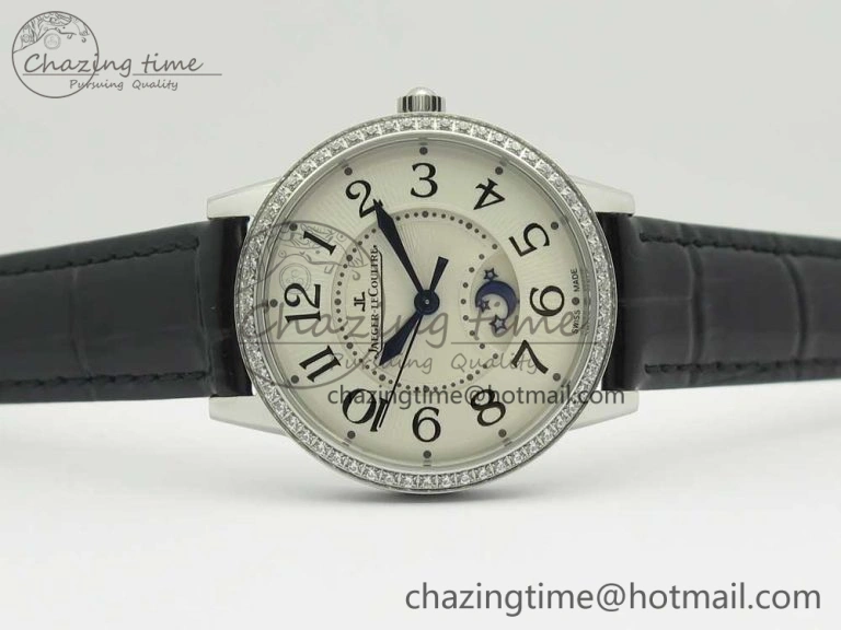 Rendez-Vous Night & Day SS ZF 1:1 Best Edition White Textured Dial Diamonds Bezel on Black Leather Strap A898