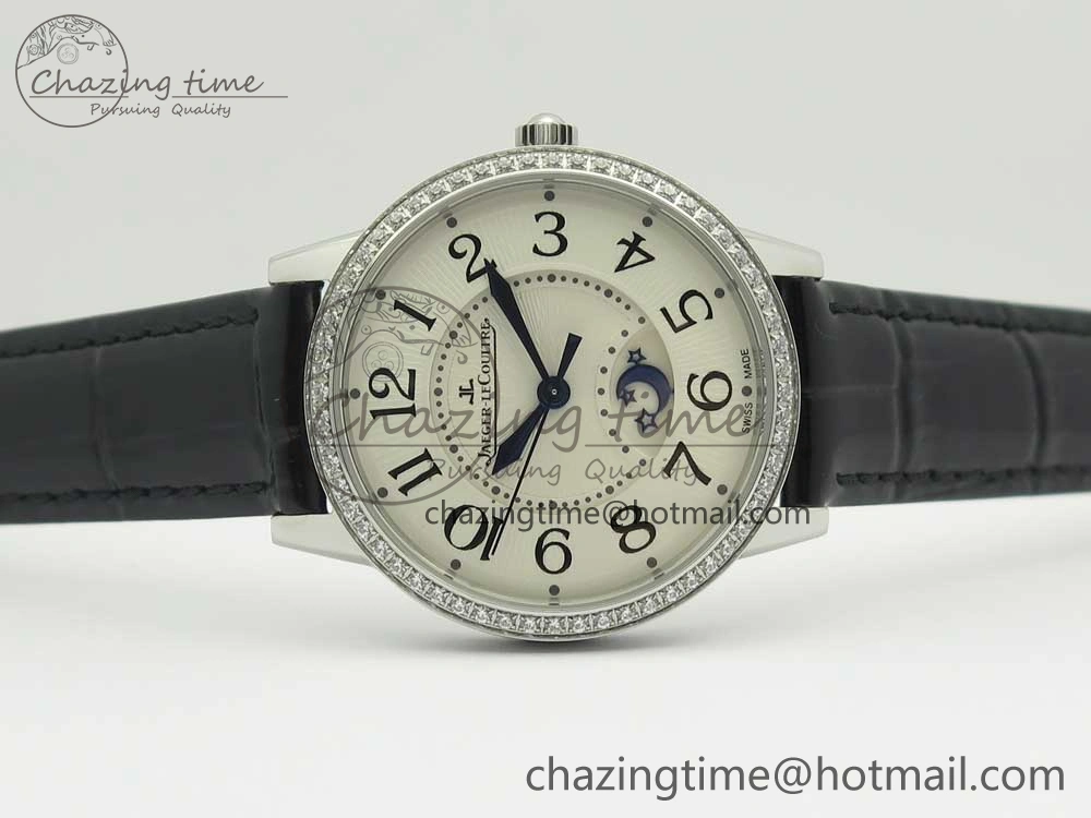 Rendez-Vous Night & Day SS ZF 1:1 Best Edition White Textured Dial Diamonds Bezel on Black Leather Strap A898