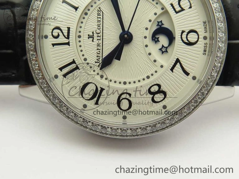 Rendez-Vous Night & Day SS ZF 1:1 Best Edition White Textured Dial Diamonds Bezel on Black Leather Strap A898