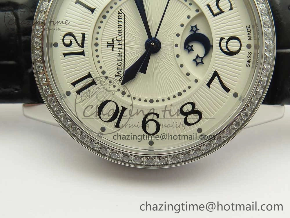 Rendez-Vous Night & Day SS ZF 1:1 Best Edition White Textured Dial Diamonds Bezel on Black Leather Strap A898