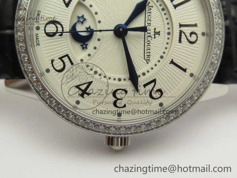 Rendez-Vous Night & Day SS ZF 1:1 Best Edition White Textured Dial Diamonds Bezel on Black Leather Strap A898