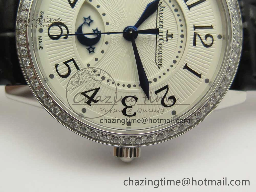 Rendez-Vous Night & Day SS ZF 1:1 Best Edition White Textured Dial Diamonds Bezel on Black Leather Strap A898