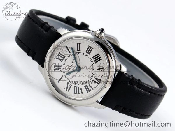 Ronde De Cartier 29mm DRF 1:1 Best Edition Sandblasted Silver-Plated White Dial on Black Leather Strap Ronda Quartz