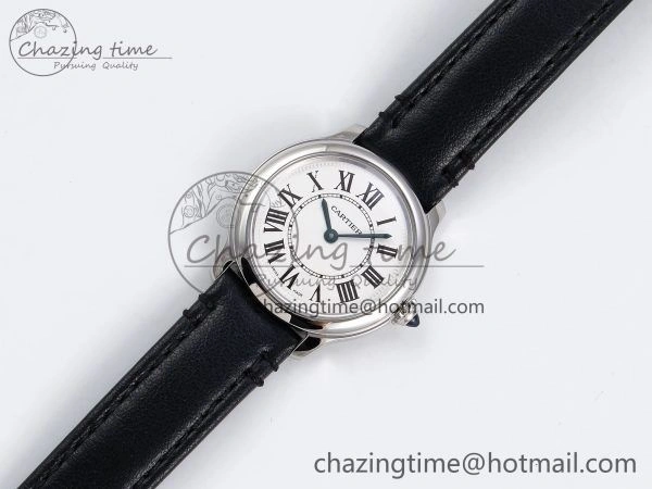 Ronde De Cartier 29mm DRF 1:1 Best Edition Sandblasted Silver-Plated White Dial on Black Leather Strap Ronda Quartz