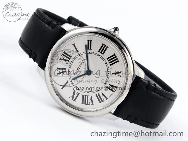 Ronde De Cartier 36mm DRF 1:1 Best Edition Sandblasted Silver-Plated White Dial on Black Leather Strap Ronda Quartz