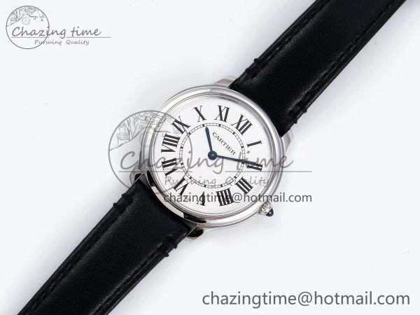 Ronde De Cartier 36mm DRF 1:1 Best Edition Sandblasted Silver-Plated White Dial on Black Leather Strap Ronda Quartz