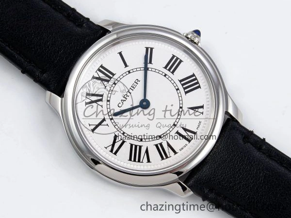 Ronde De Cartier 36mm DRF 1:1 Best Edition Sandblasted Silver-Plated White Dial on Black Leather Strap Ronda Quartz