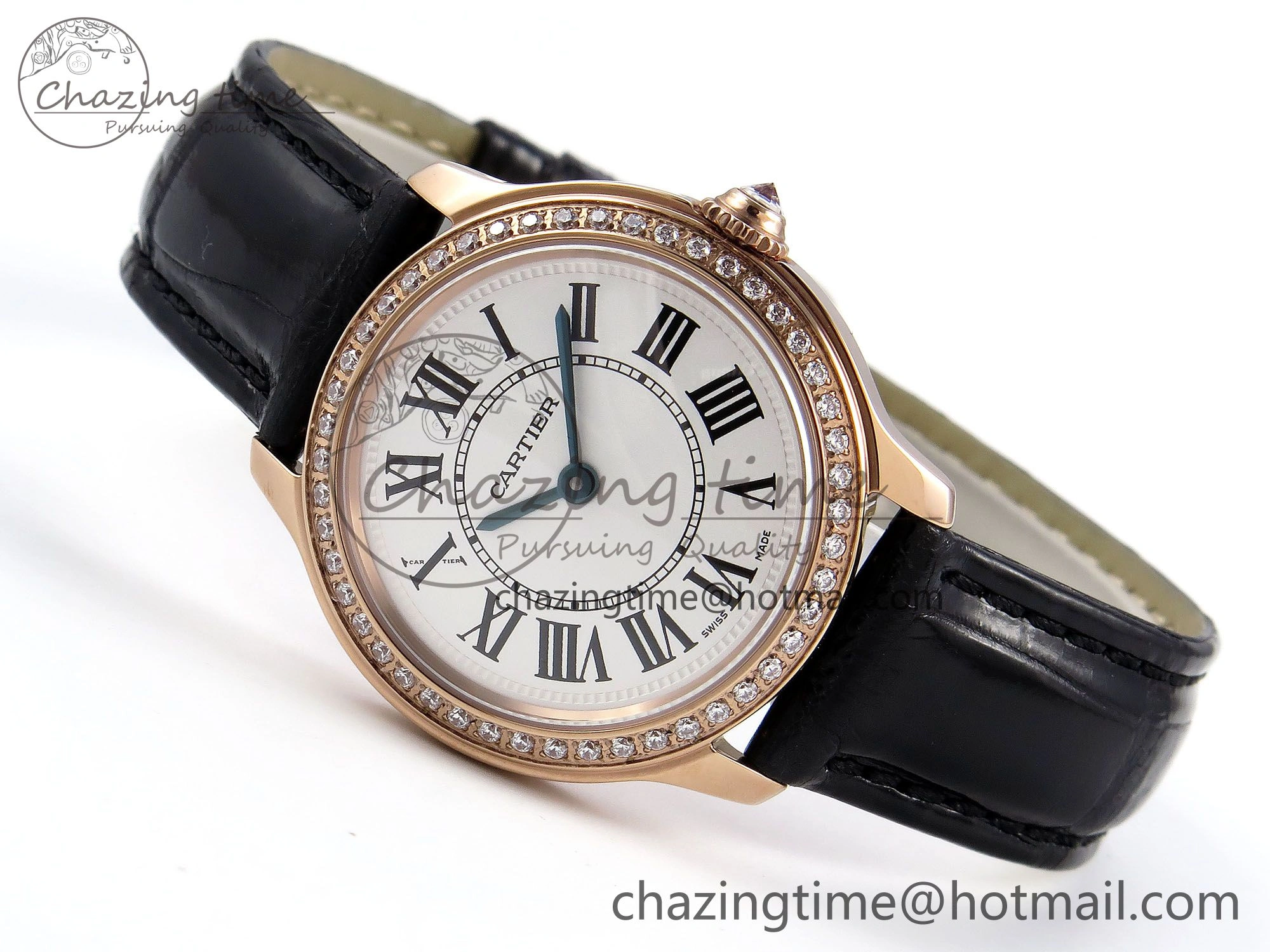 Ronde Louis Cartier 29mm RG DRF 1:1 Best Edition Sandblasted Beige Dial Diamonds Bezel on Black Leather Strap Ronda Quartz