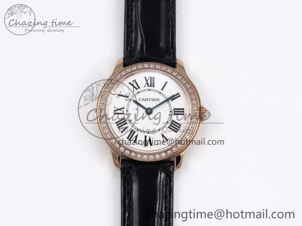 Ronde Louis Cartier 29mm RG DRF 1:1 Best Edition Sandblasted Beige Dial Diamonds Bezel on Black Leather Strap Ronda Quartz