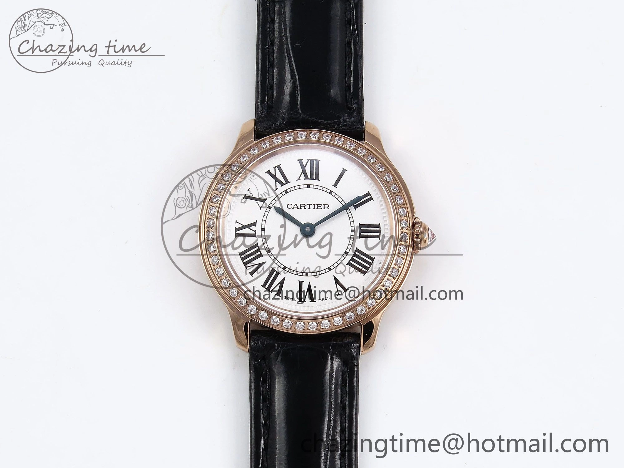 Ronde Louis Cartier 29mm RG DRF 1:1 Best Edition Sandblasted Beige Dial Diamonds Bezel on Black Leather Strap Ronda Quartz