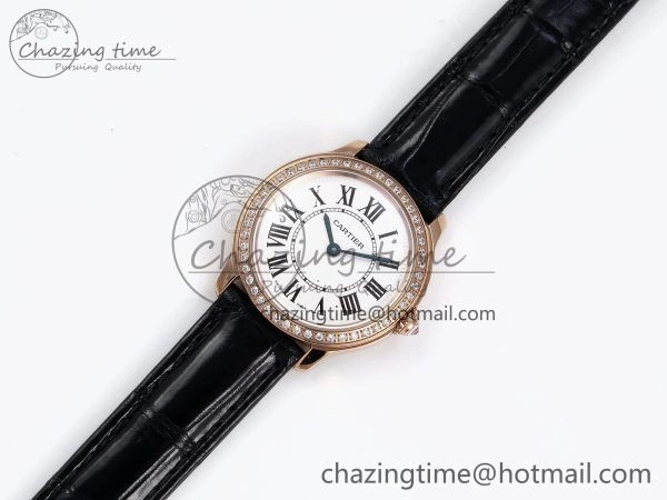 Ronde Louis Cartier 29mm RG DRF 1:1 Best Edition Sandblasted Beige Dial Diamonds Bezel on Black Leather Strap Ronda Quartz