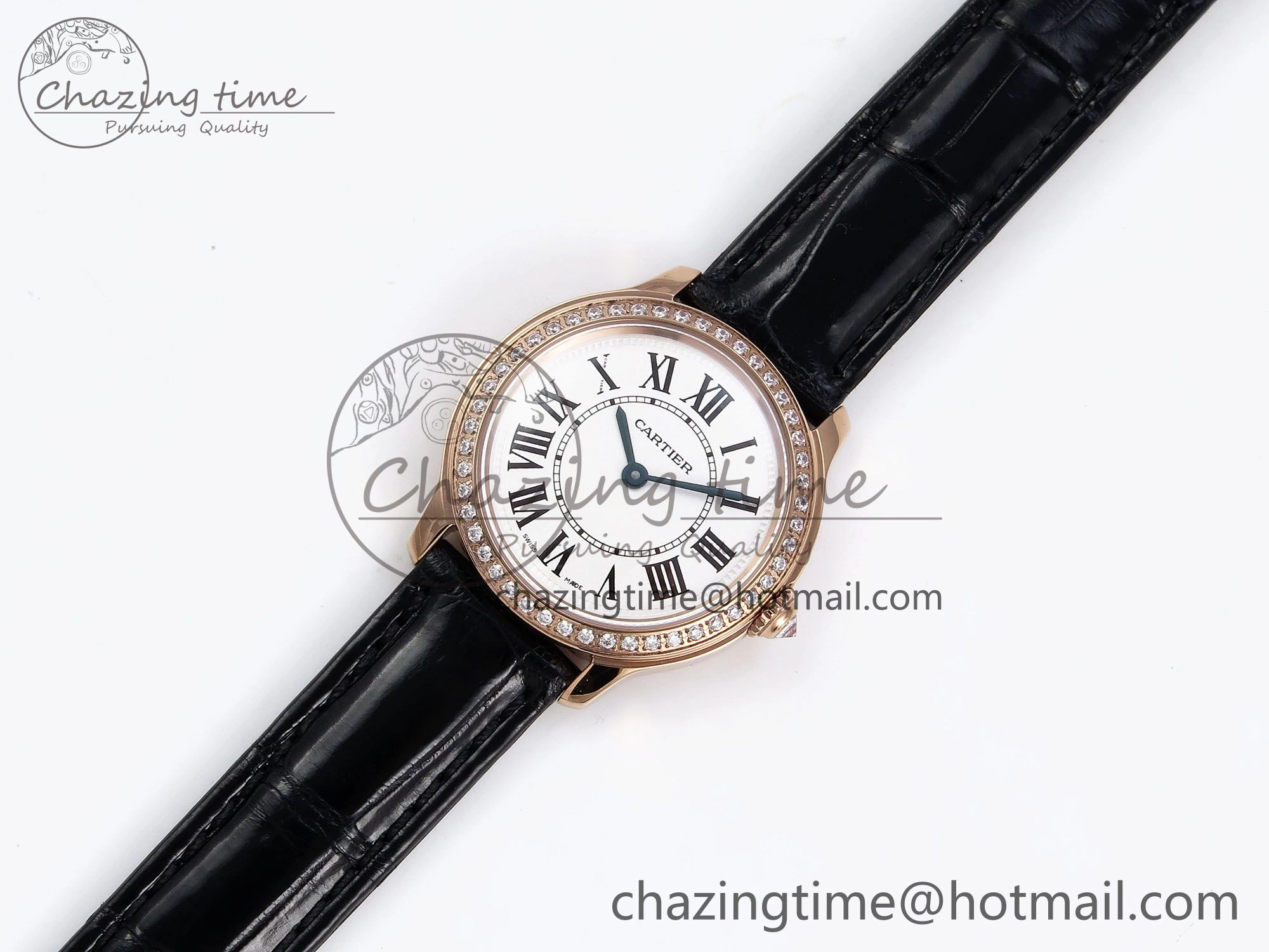 Ronde Louis Cartier 29mm RG DRF 1:1 Best Edition Sandblasted Beige Dial Diamonds Bezel on Black Leather Strap Ronda Quartz