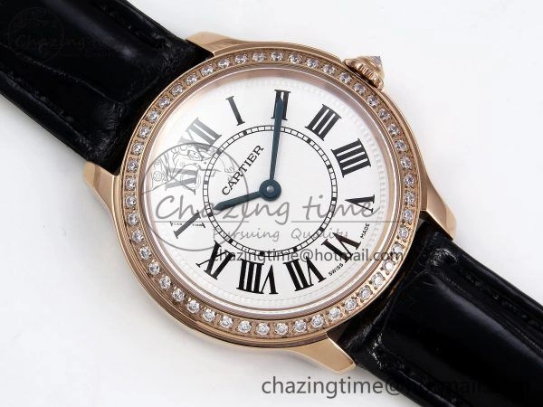 Ronde Louis Cartier 29mm RG DRF 1:1 Best Edition Sandblasted Beige Dial Diamonds Bezel on Black Leather Strap Ronda Quartz