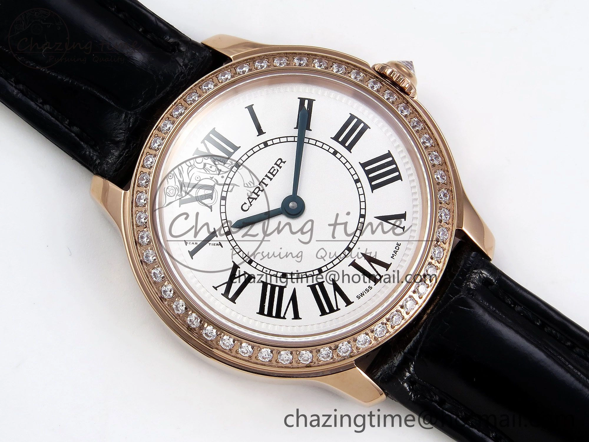 Ronde Louis Cartier 29mm RG DRF 1:1 Best Edition Sandblasted Beige Dial Diamonds Bezel on Black Leather Strap Ronda Quartz