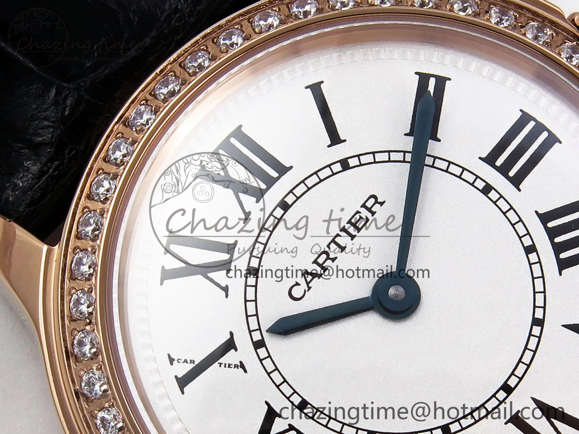 Ronde Louis Cartier 29mm RG DRF 1:1 Best Edition Sandblasted Beige Dial Diamonds Bezel on Black Leather Strap Ronda Quartz