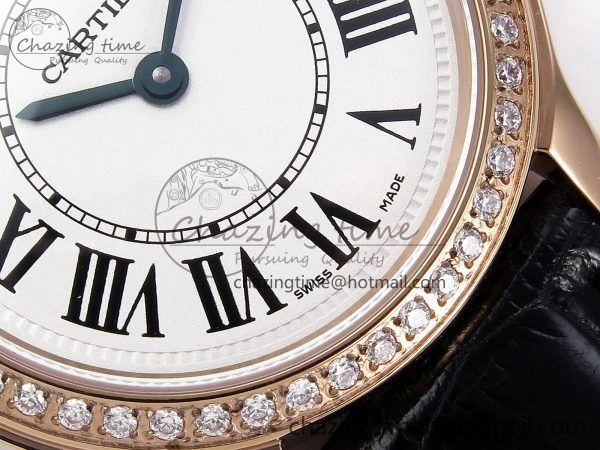 Ronde Louis Cartier 29mm RG DRF 1:1 Best Edition Sandblasted Beige Dial Diamonds Bezel on Black Leather Strap Ronda Quartz