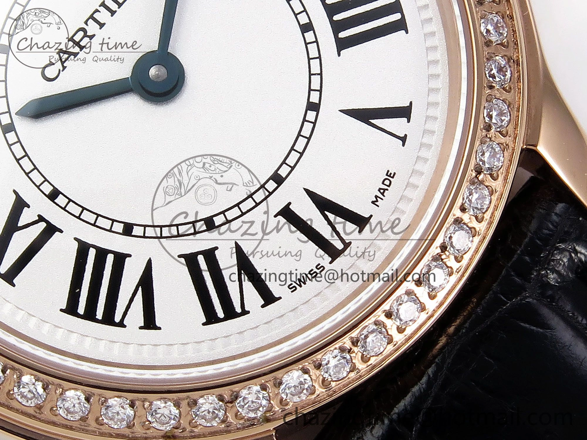 Ronde Louis Cartier 29mm RG DRF 1:1 Best Edition Sandblasted Beige Dial Diamonds Bezel on Black Leather Strap Ronda Quartz