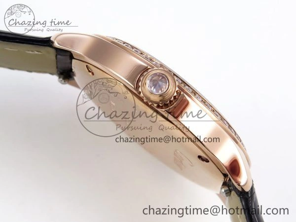 Ronde Louis Cartier 29mm RG DRF 1:1 Best Edition Sandblasted Beige Dial Diamonds Bezel on Black Leather Strap Ronda Quartz