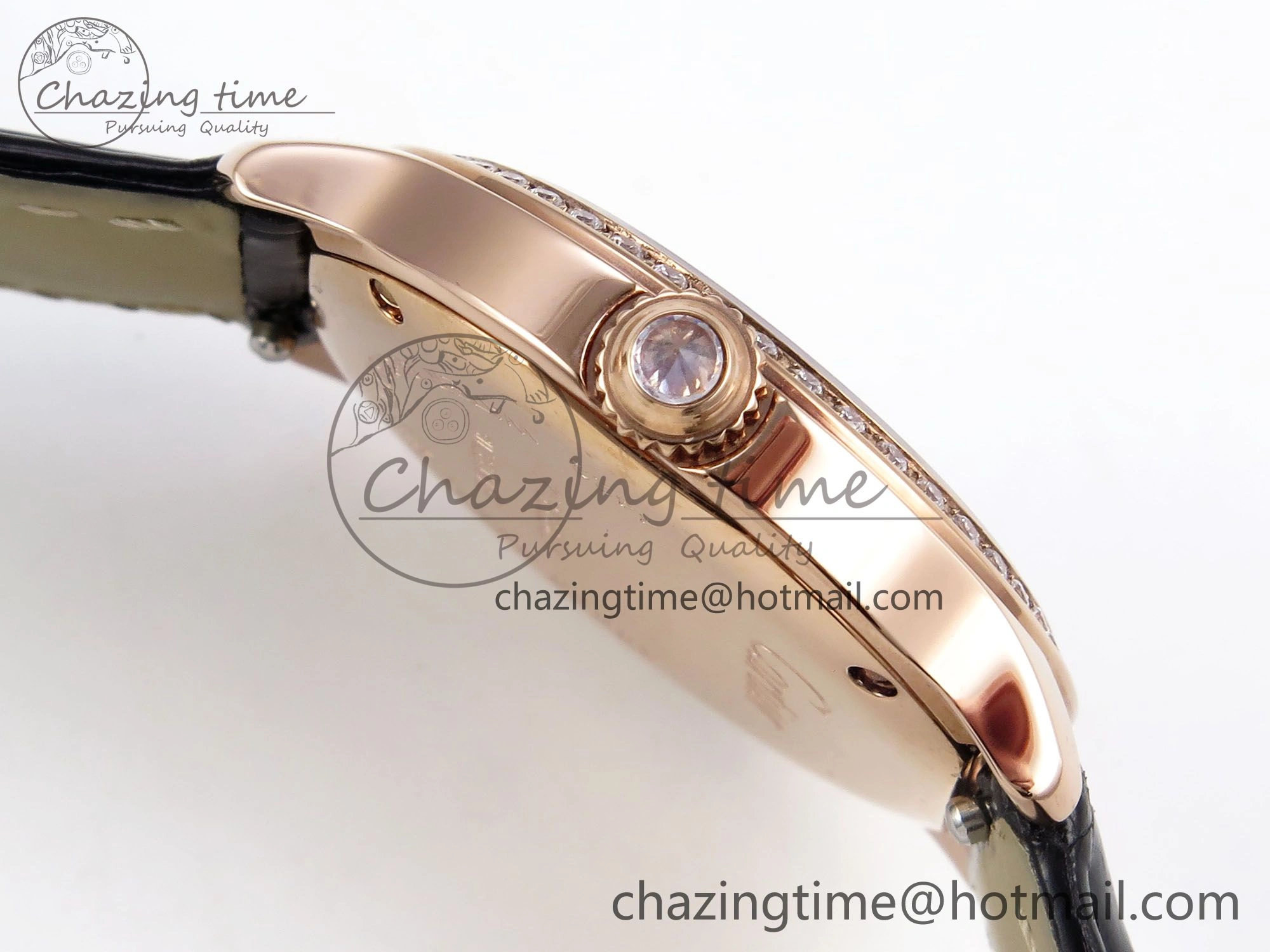 Ronde Louis Cartier 29mm RG DRF 1:1 Best Edition Sandblasted Beige Dial Diamonds Bezel on Black Leather Strap Ronda Quartz