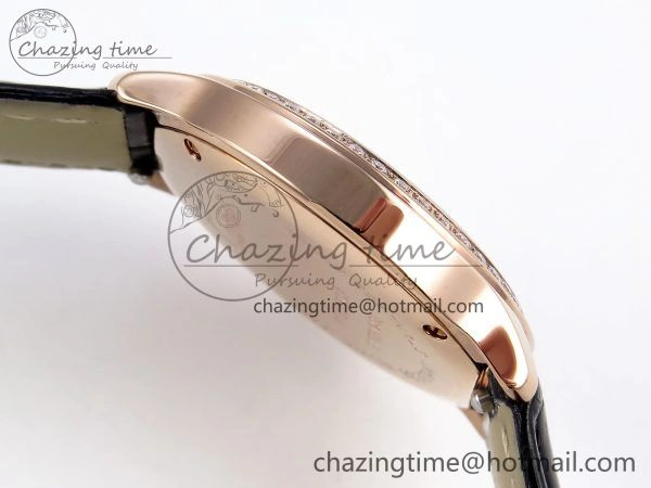 Ronde Louis Cartier 29mm RG DRF 1:1 Best Edition Sandblasted Beige Dial Diamonds Bezel on Black Leather Strap Ronda Quartz