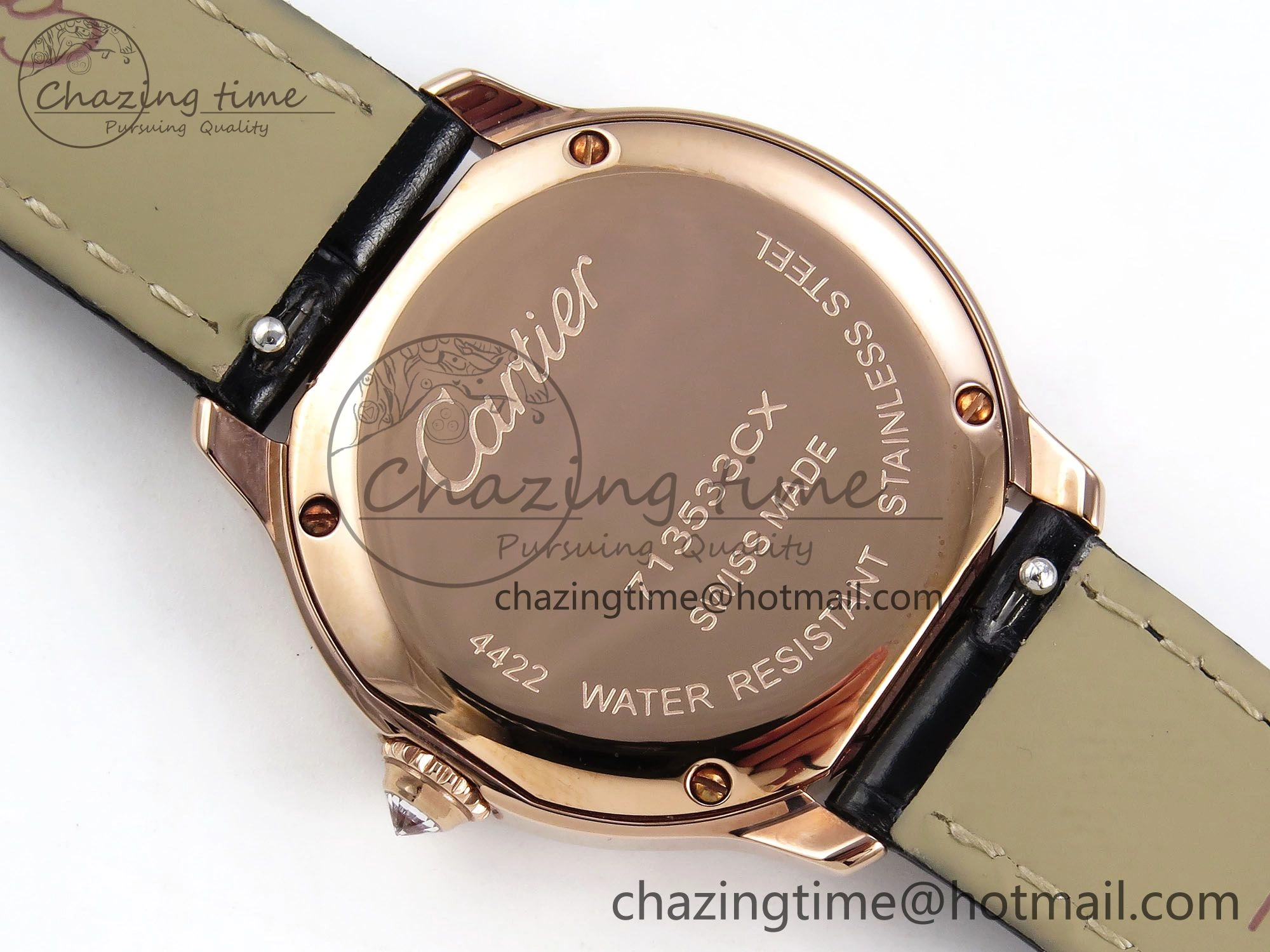 Ronde Louis Cartier 29mm RG DRF 1:1 Best Edition Sandblasted Beige Dial Diamonds Bezel on Black Leather Strap Ronda Quartz