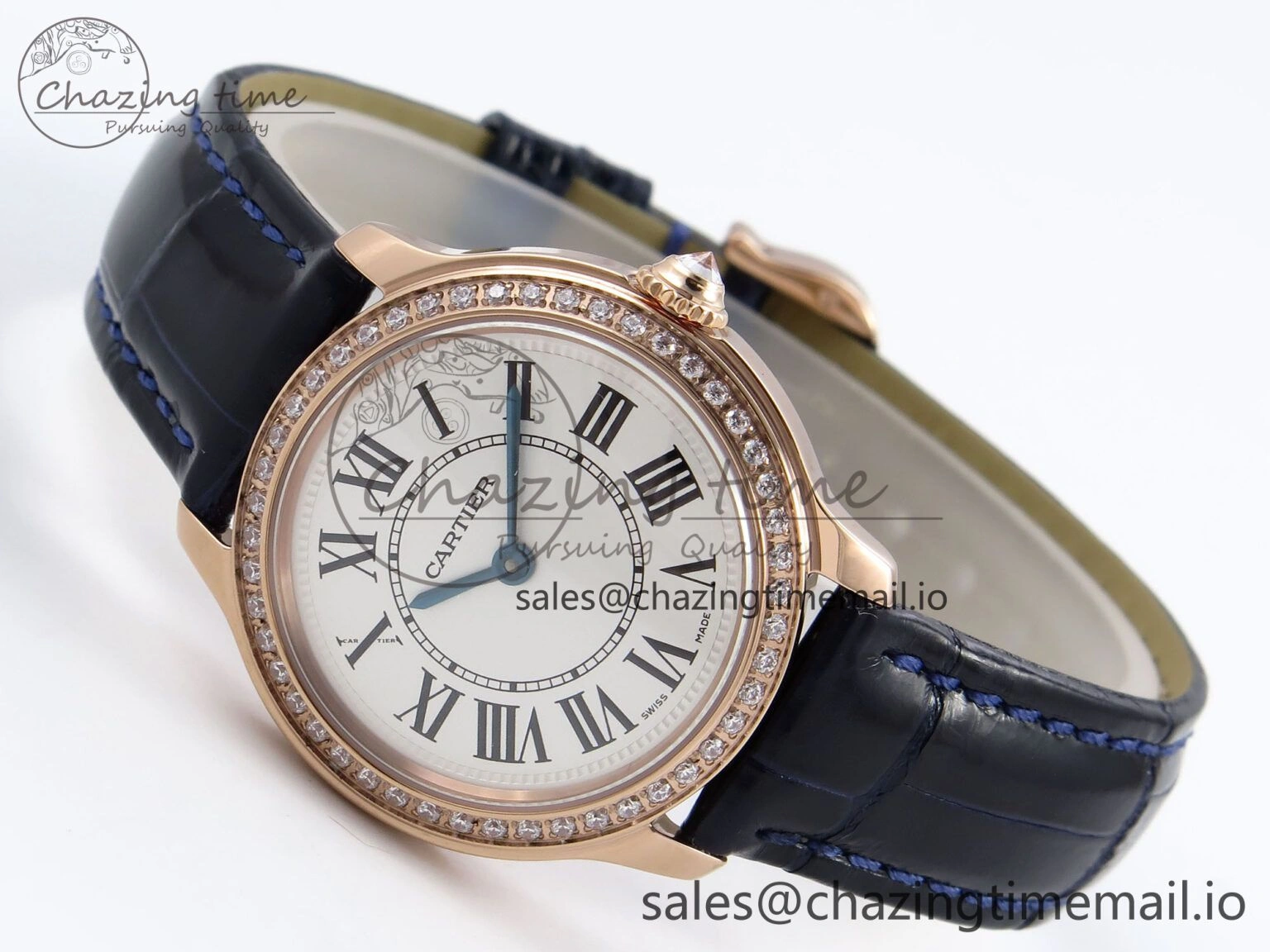Ronde Louis Cartier 29mm RG DRF 1:1 Best Edition Sandblasted Beige Dial Diamonds Bezel on Blue Leather Strap Ronda Quartz
